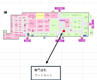 専門店入口側フードコート 販促プロモーションや物販に最適なスーパー店内催事イベントスペースの図面・フロアマップ