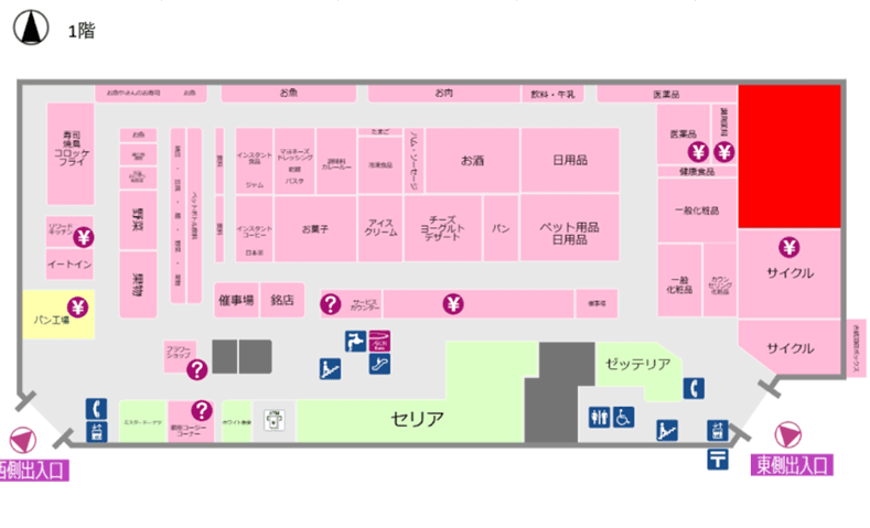中央エスカレーター前(ATM側) 販促プロモーションや物販に最適なスーパー店内催事イベントスペースの図面・フロアマップ