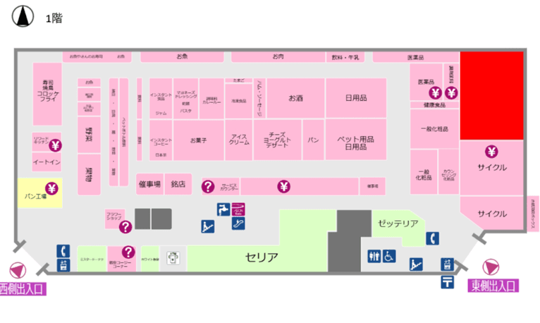 中央エスカレーター前(銘店側) 販促プロモーションや物販に最適なスーパー店内催事イベントスペースの図面・フロアマップ